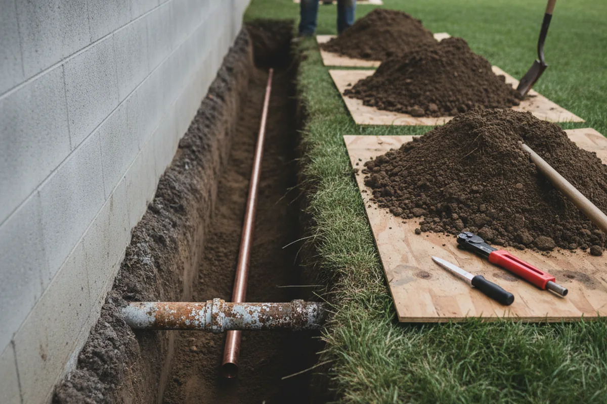 Excavated water line trench during Sewer Line Repair in Apopka